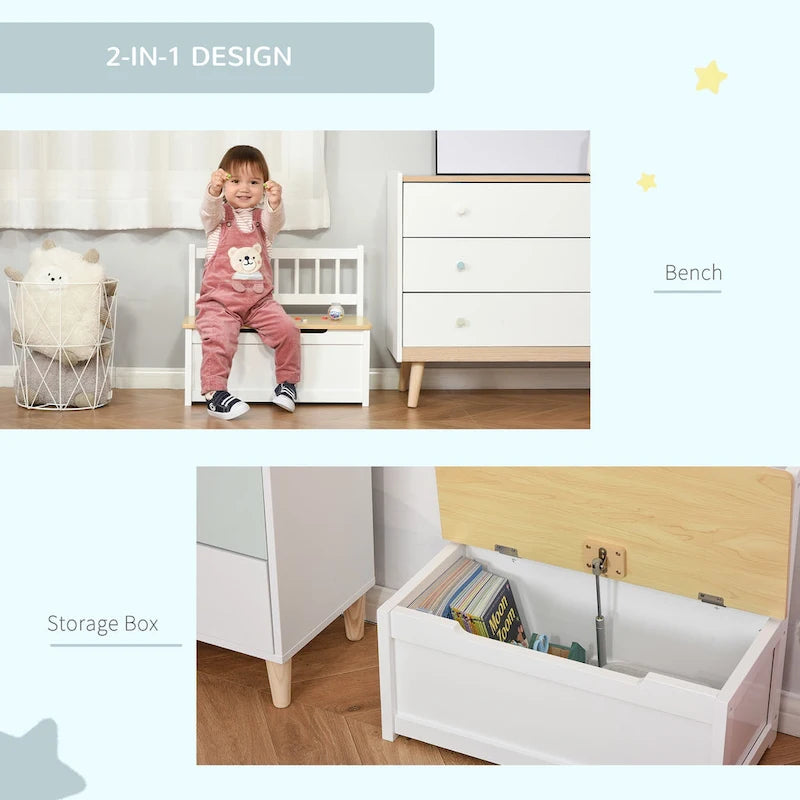 2-in-1 Wooden Kids Toy Storage Box and Seat Bench with Safety Lid Rod