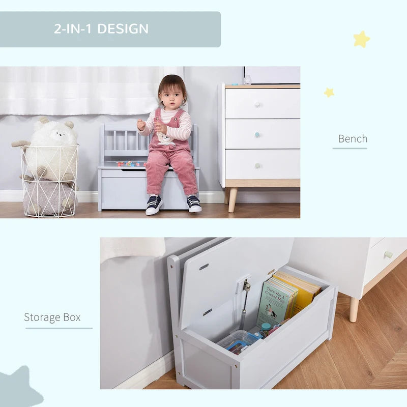 2-in-1 Wooden Kids Toy Storage Box and Seat Bench with Safety Lid Rod