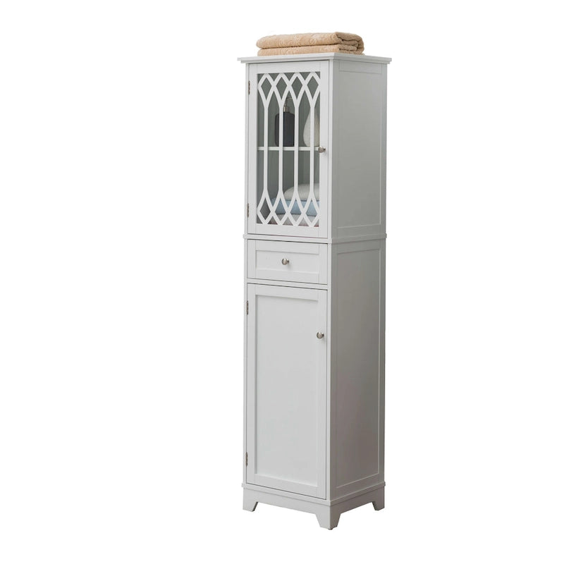 Tall Bathroom Storage Cabinet with Glass Door Adjustable Shelf and Drawer White