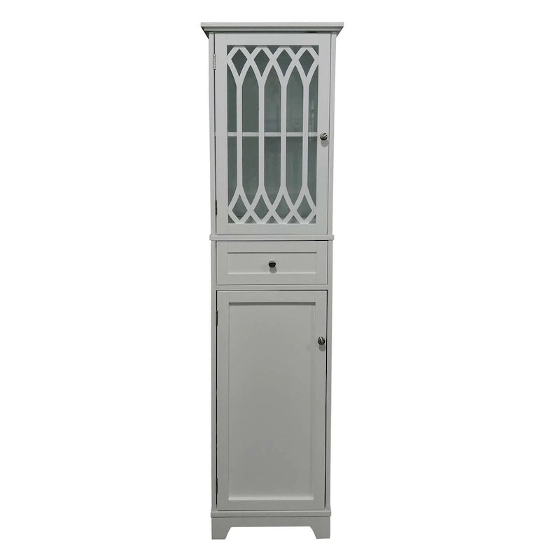 Tall Bathroom Storage Cabinet with Glass Door Adjustable Shelf and Drawer White