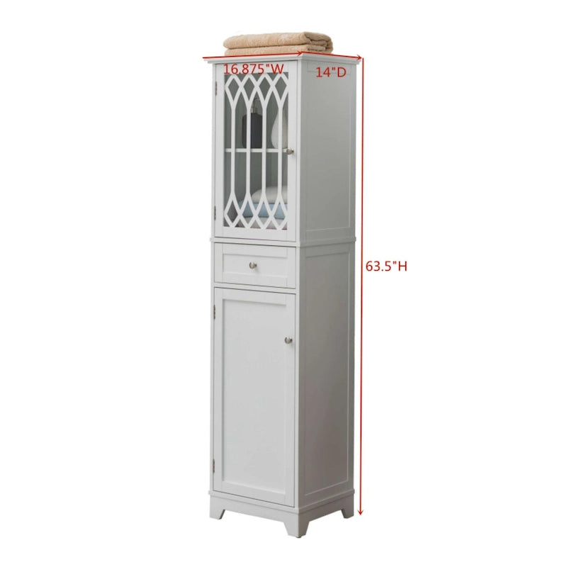 Tall Bathroom Storage Cabinet with Glass Door Adjustable Shelf and Drawer White