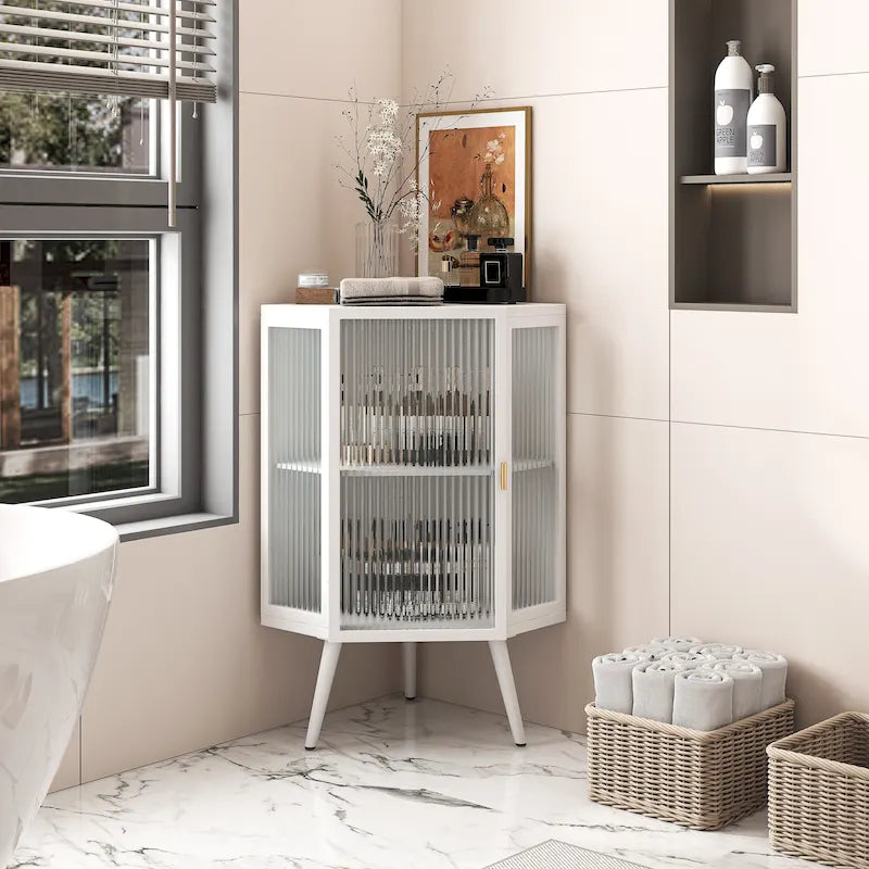 Metal Floor Corner Cabinet with Glass Door and Adjustable Shelf 31.5 in.