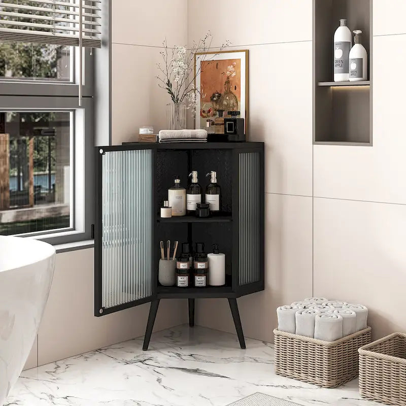 Metal Floor Corner Cabinet with Glass Door and Adjustable Shelf 31.5 in.