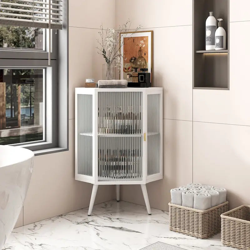 Metal Floor Corner Cabinet with Glass Door and Adjustable Shelf 31.5 in.