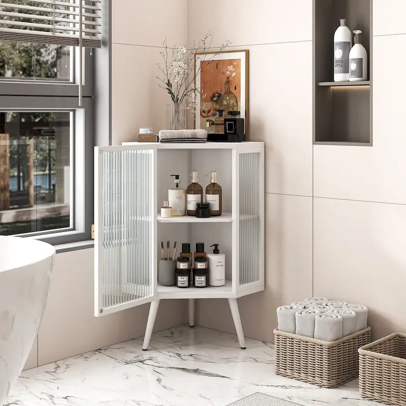 Metal Floor Corner Cabinet with Glass Door and Adjustable Shelf 31.5 in.