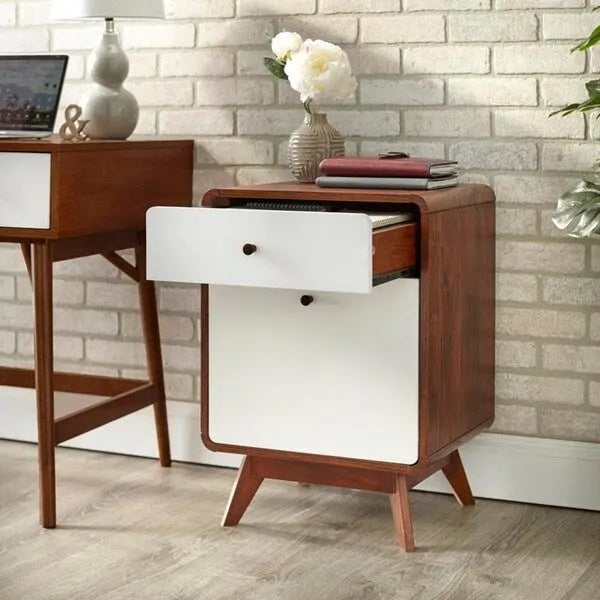 Mid Century 2 Drawer File Cabinet with Angled Legs Walnut and White Finish