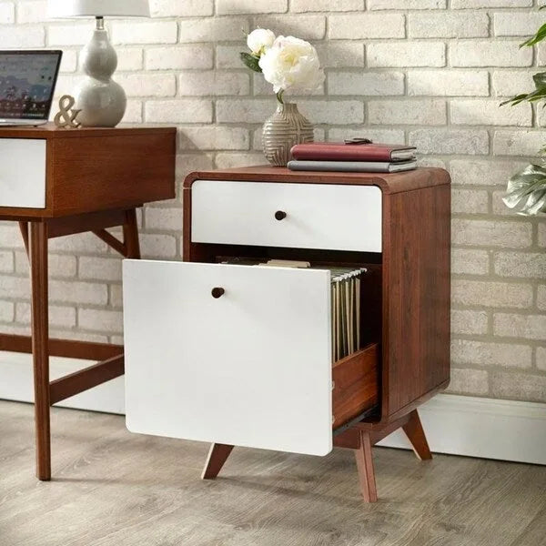Mid Century 2 Drawer File Cabinet with Angled Legs Walnut and White Finish