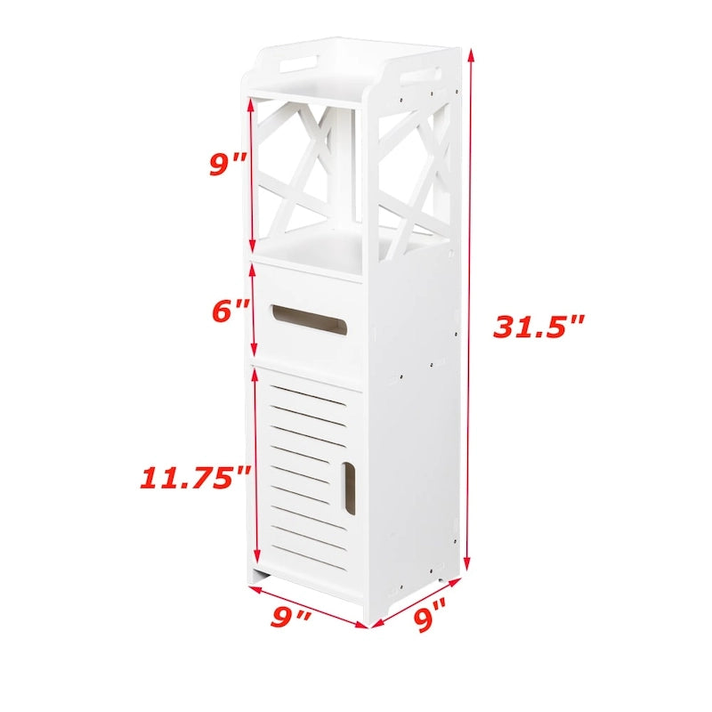 3 Tier Freestanding Bathroom Floor Cabinet PVC Waterproof White 9 x 8.66 x 31.5 in.