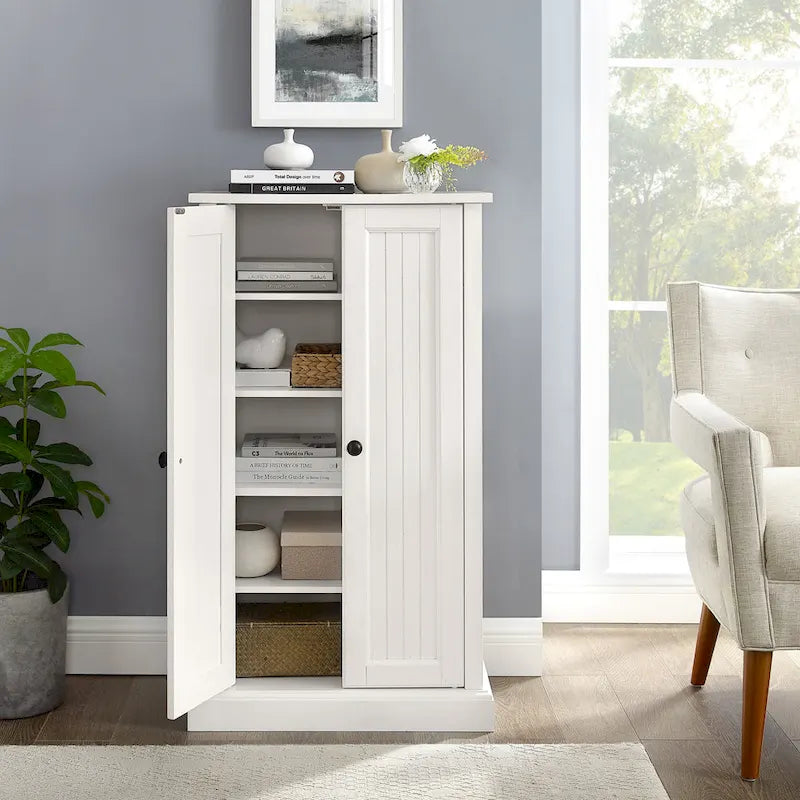 Coastal Style Accent Cabinet with Beadboard Doors and 4 Adjustable Shelves White