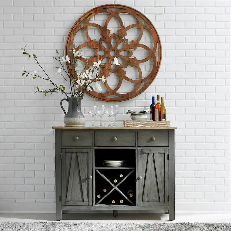 Wood and MDF Server Cabinet with 3 Drawers Wine Storage and Adjustable Shelves