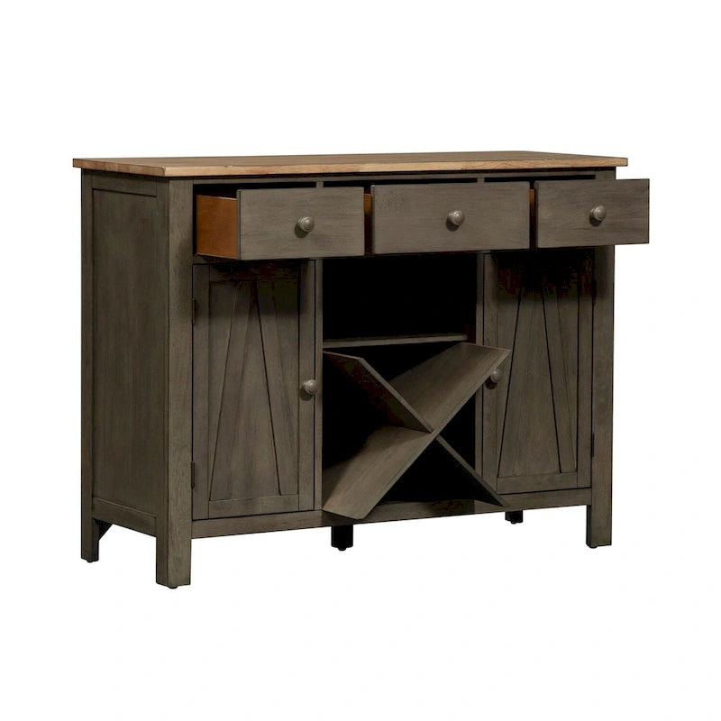Wood and MDF Server Cabinet with 3 Drawers Wine Storage and Adjustable Shelves