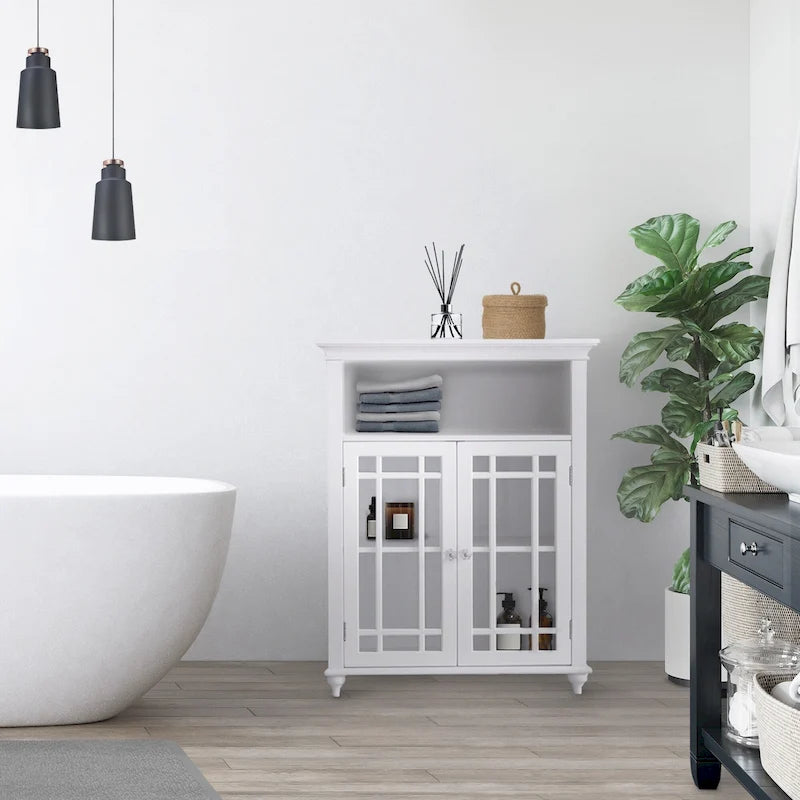 White Accent Cabinet with 2 Prairie Grid Glass Doors and Adjustable Interior Shelf