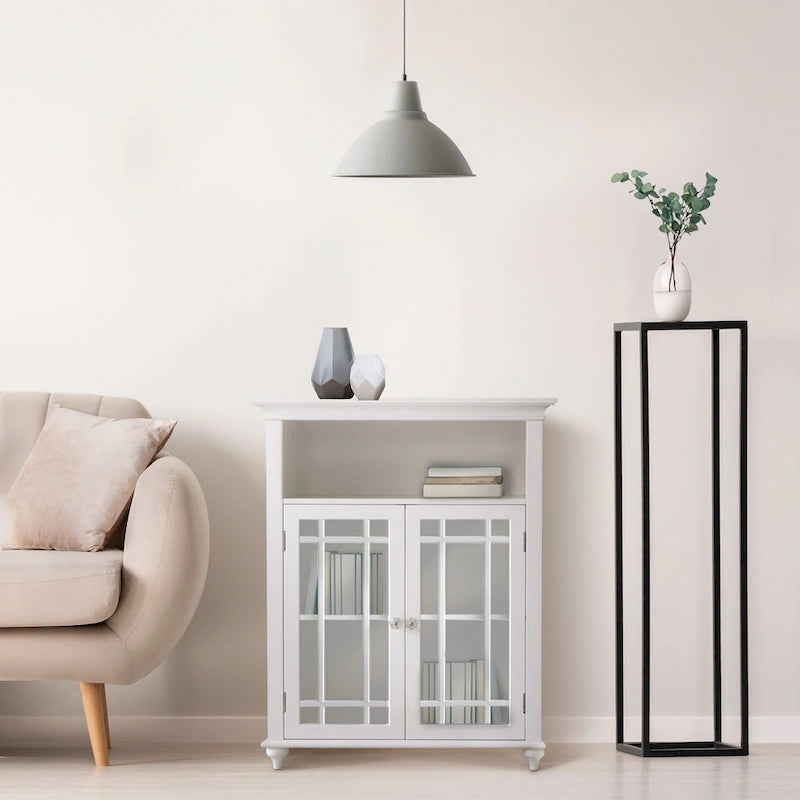 White Accent Cabinet with 2 Prairie Grid Glass Doors and Adjustable Interior Shelf