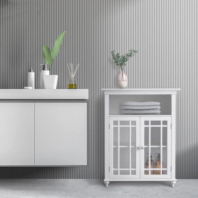 White Accent Cabinet with 2 Prairie Grid Glass Doors and Adjustable Interior Shelf
