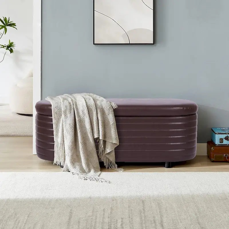 PU Leather Storage Bench with Pleated Oval Design and Solid Wood Legs 500 lbs Capacity