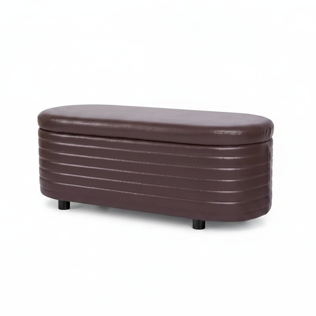 PU Leather Storage Bench with Pleated Oval Design and Solid Wood Legs 500 lbs Capacity