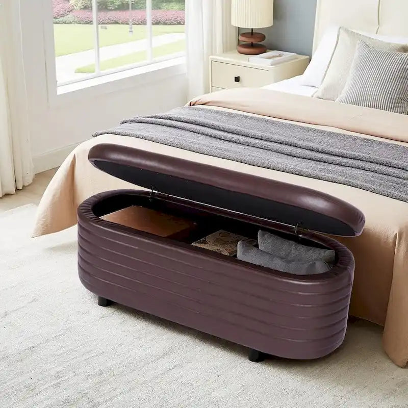 PU Leather Storage Bench with Pleated Oval Design and Solid Wood Legs 500 lbs Capacity