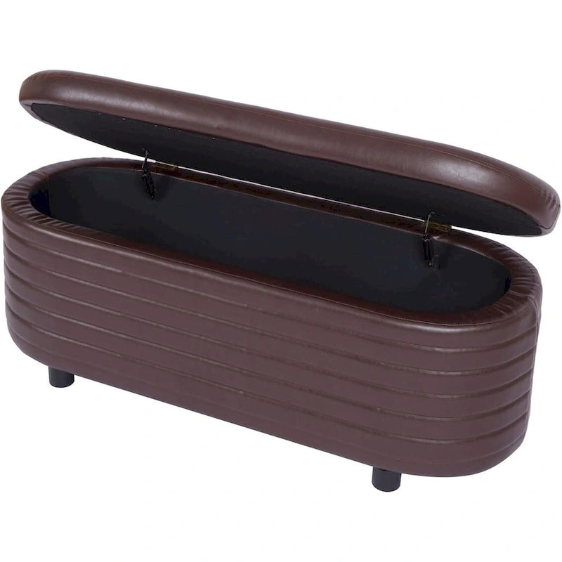 PU Leather Storage Bench with Pleated Oval Design and Solid Wood Legs 500 lbs Capacity