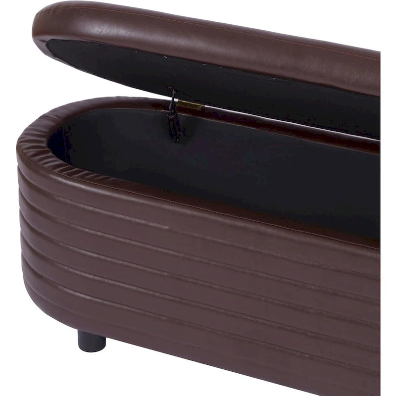 PU Leather Storage Bench with Pleated Oval Design and Solid Wood Legs 500 lbs Capacity