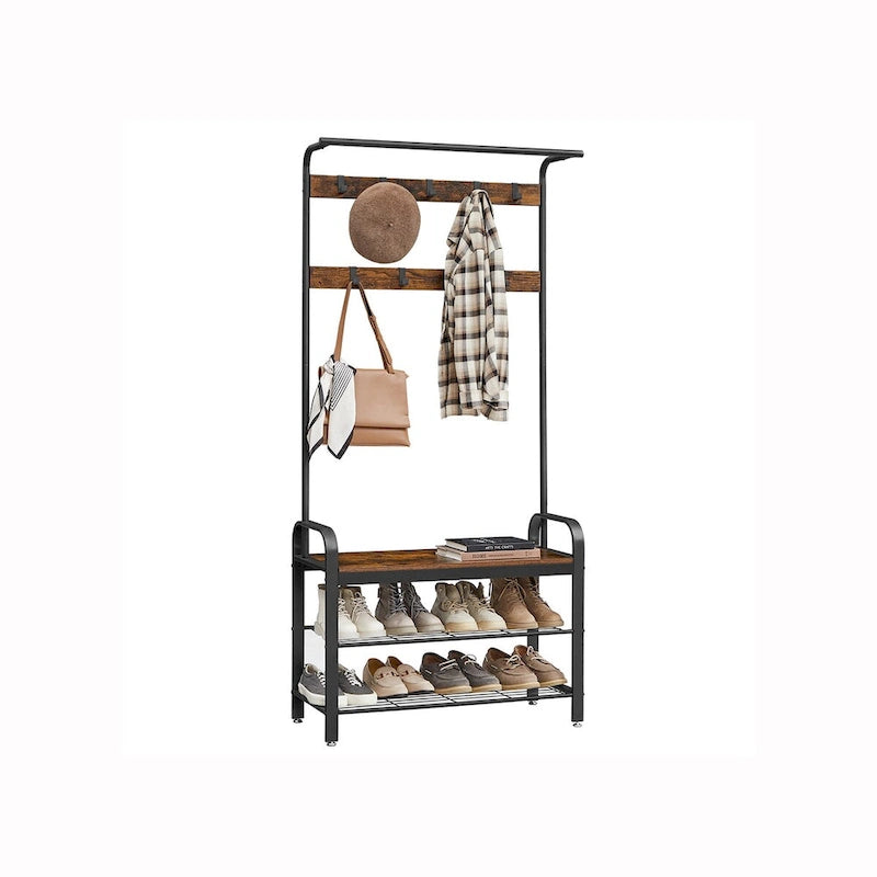 3-in-1 Entryway Hall Tree with Coat Rack, Shoe Bench and Storage Shelves, Rustic Brown