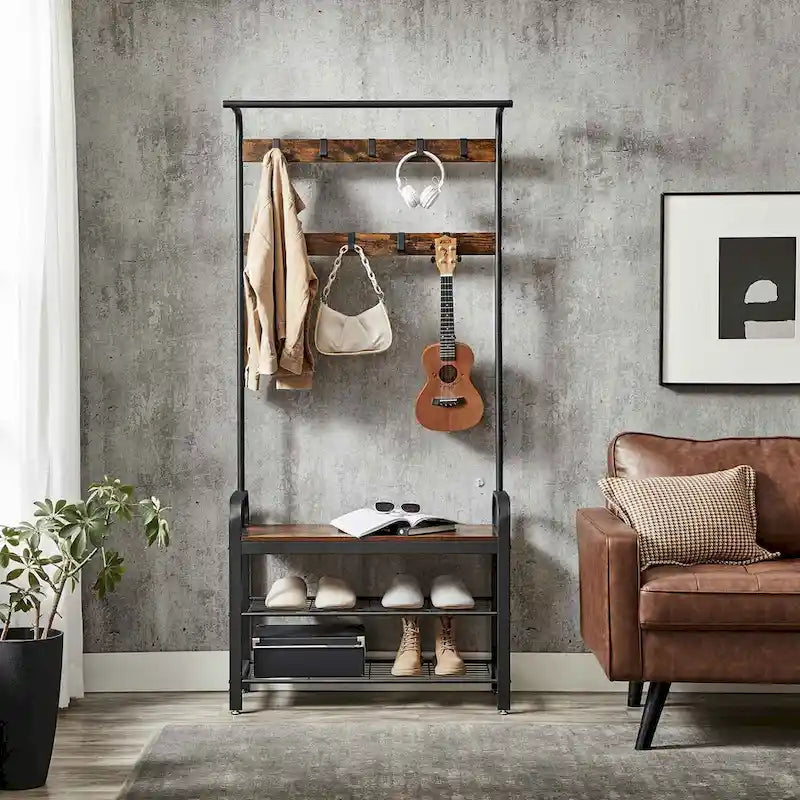 3-in-1 Entryway Hall Tree with Coat Rack, Shoe Bench and Storage Shelves, Rustic Brown