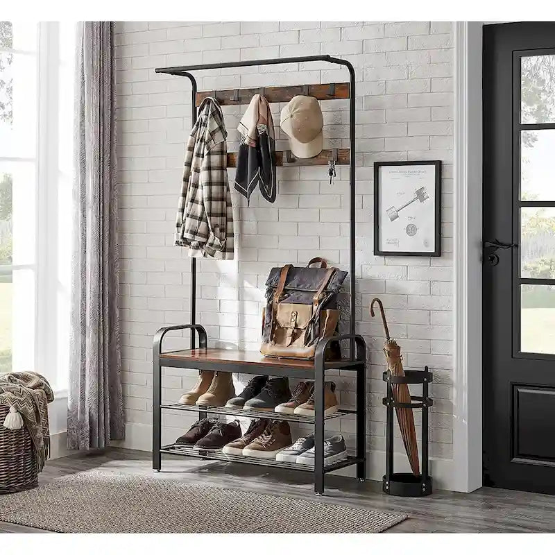 3-in-1 Entryway Hall Tree with Coat Rack, Shoe Bench and Storage Shelves, Rustic Brown