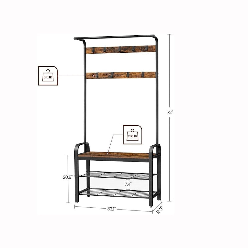 3-in-1 Entryway Hall Tree with Coat Rack, Shoe Bench and Storage Shelves, Rustic Brown