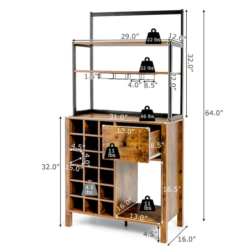 Freestanding Kitchen Baker's Rack with Wine Rack and Glass Holder, 64 in.
