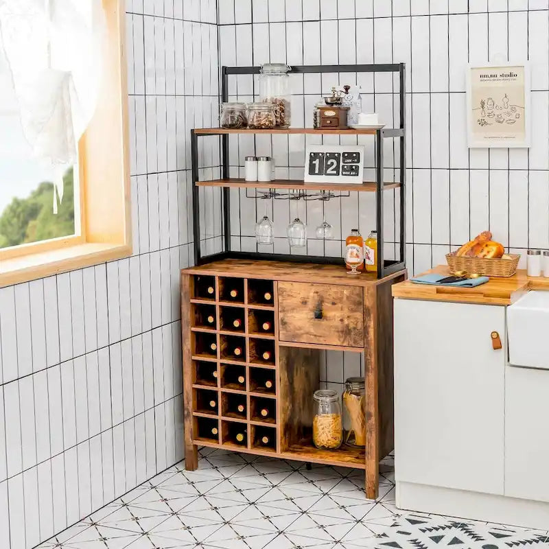 Freestanding Kitchen Baker's Rack with Wine Rack and Glass Holder, 64 in.