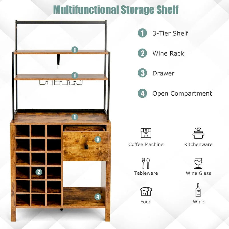 Freestanding Kitchen Baker's Rack with Wine Rack and Glass Holder, 64 in.