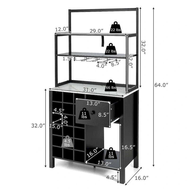 Freestanding Kitchen Baker's Rack with Wine Rack and Glass Holder, 64 in.