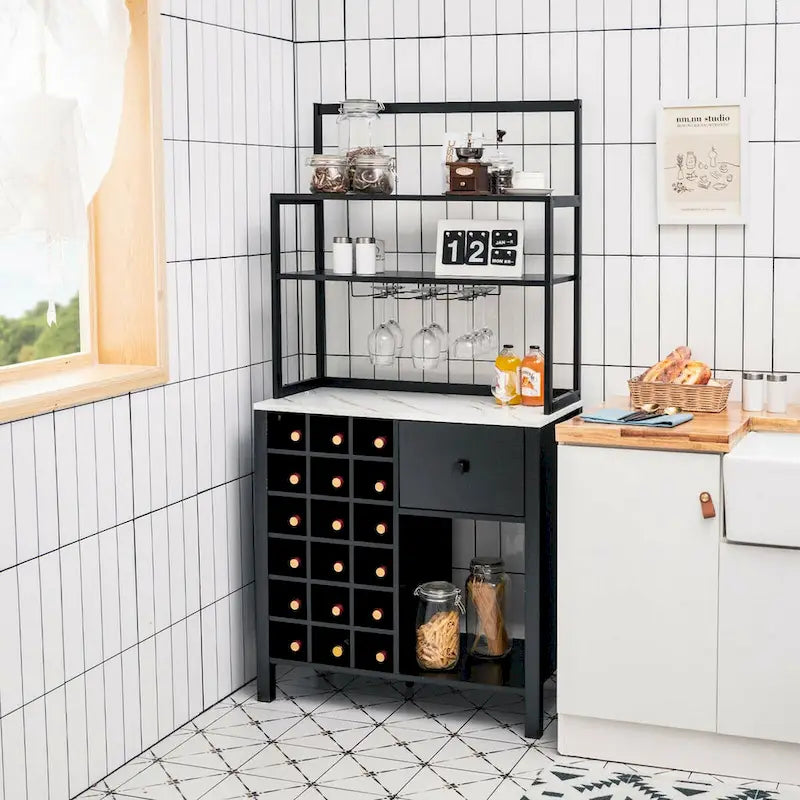 Freestanding Kitchen Baker's Rack with Wine Rack and Glass Holder, 64 in.