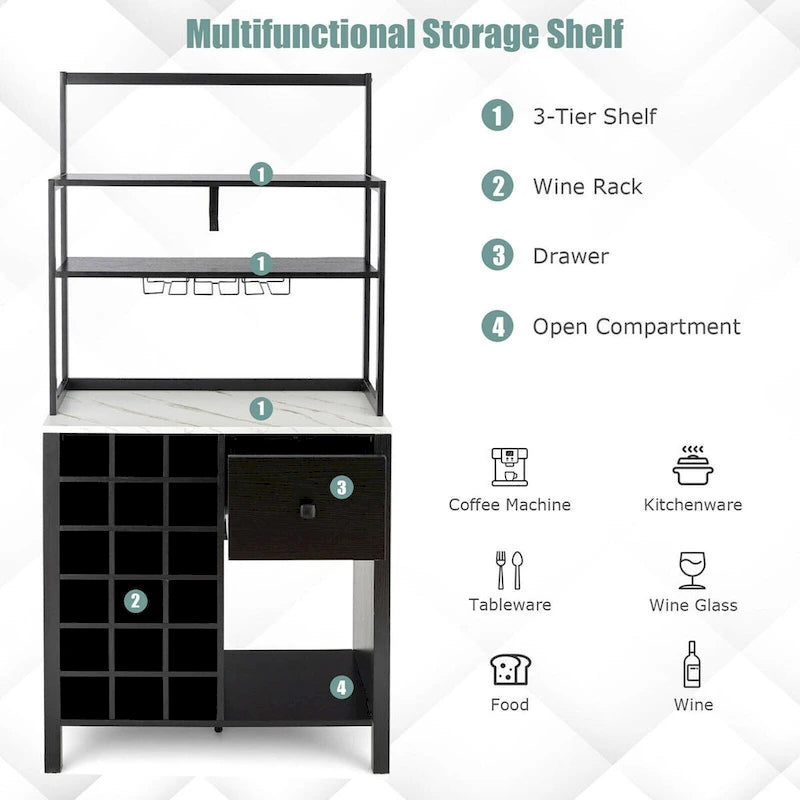 Freestanding Kitchen Baker's Rack with Wine Rack and Glass Holder, 64 in.
