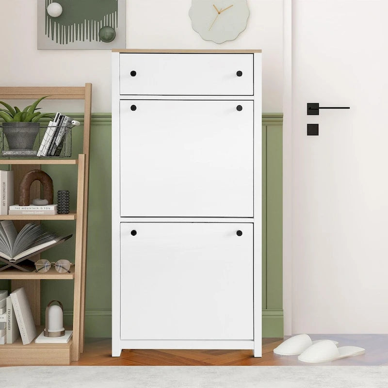 Wooden Shoe Storage Cabinet with Flip Drawers and Adjustable Shelf