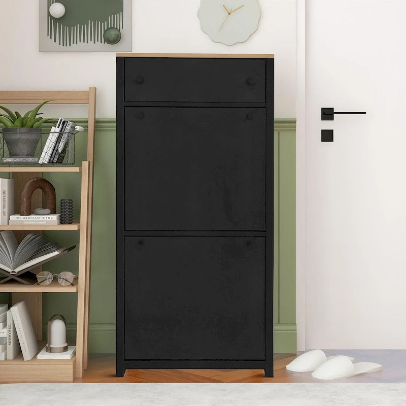 Wooden Shoe Storage Cabinet with Flip Drawers and Adjustable Shelf