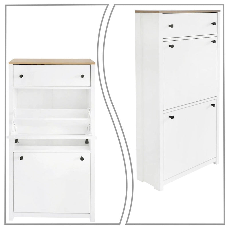 Wooden Shoe Storage Cabinet with Flip Drawers and Adjustable Shelf