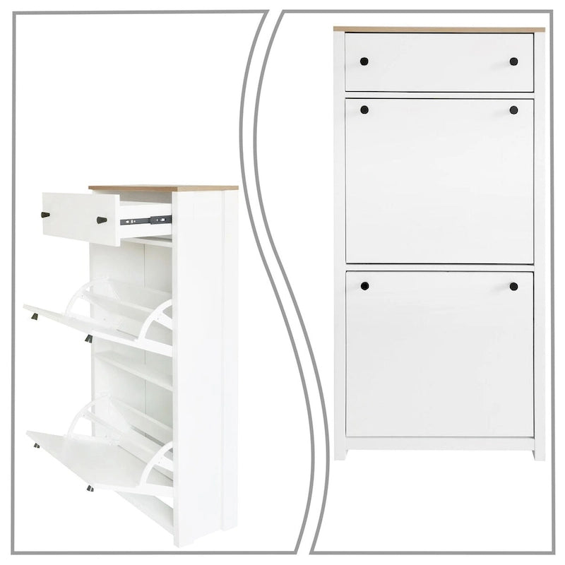 Wooden Shoe Storage Cabinet with Flip Drawers and Adjustable Shelf