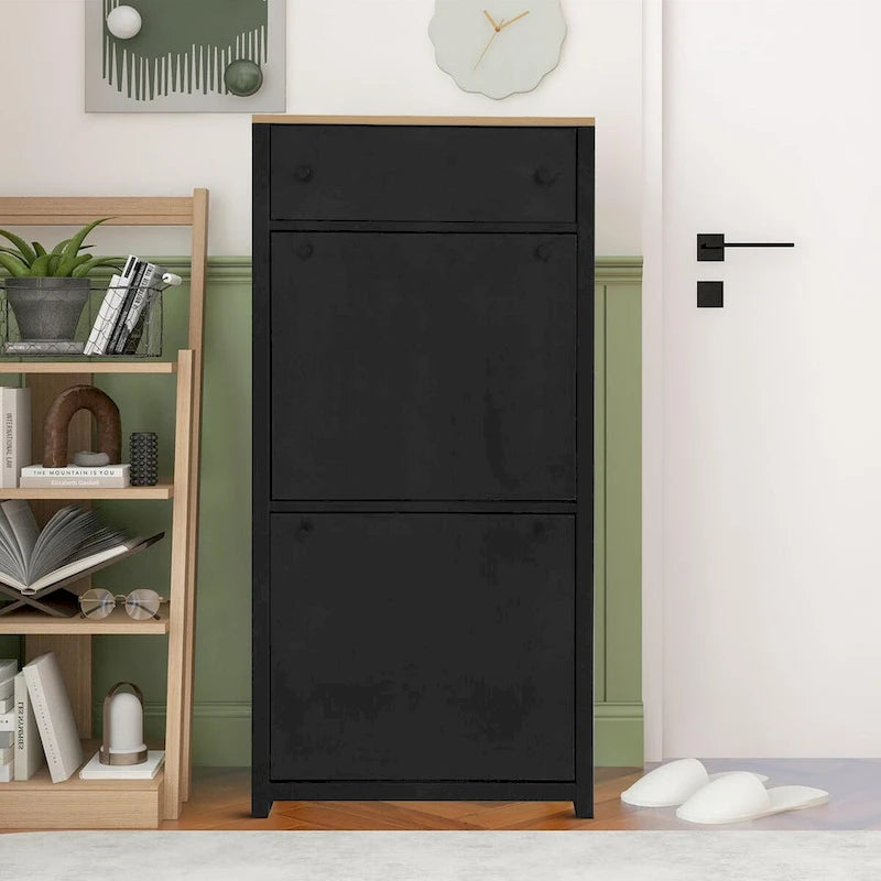Wooden Shoe Storage Cabinet with Flip Drawers and Adjustable Shelf