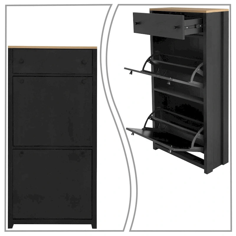 Wooden Shoe Storage Cabinet with Flip Drawers and Adjustable Shelf