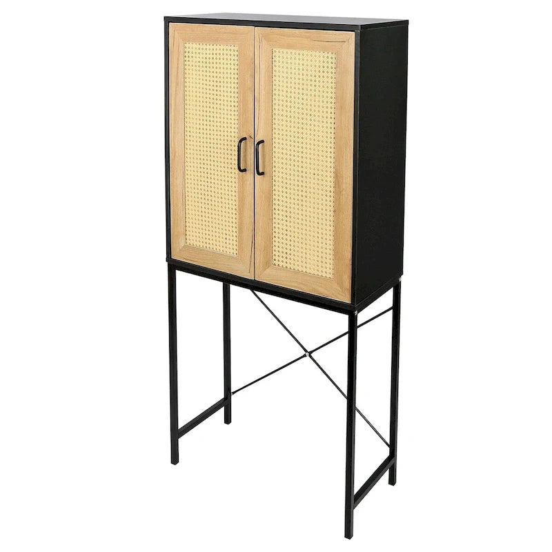59 in. Tall Cabinet with 2 Rattan Doors 3 Tier Shelves and Iron Legs