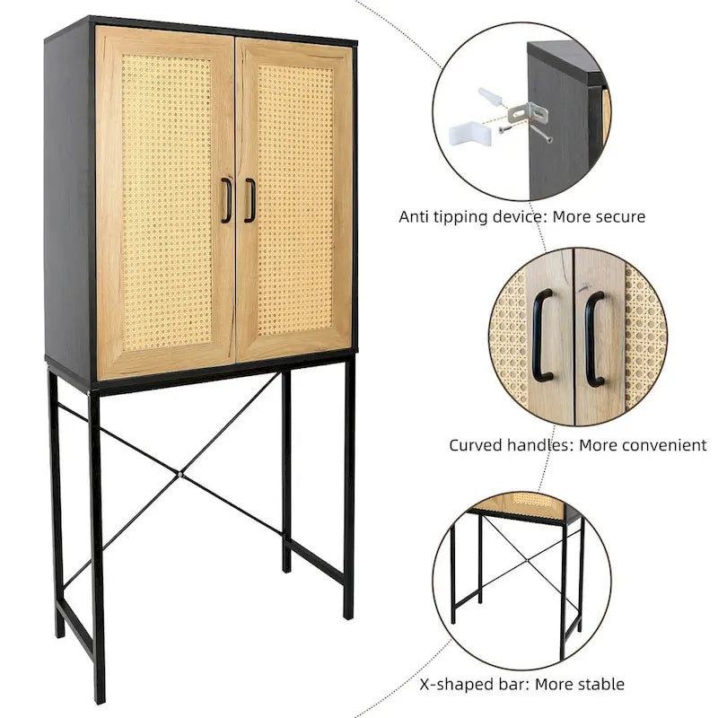 59 in. Tall Cabinet with 2 Rattan Doors 3 Tier Shelves and Iron Legs