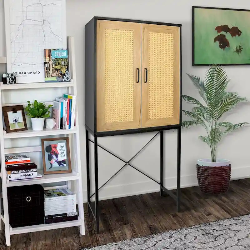 59 in. Tall Cabinet with 2 Rattan Doors 3 Tier Shelves and Iron Legs