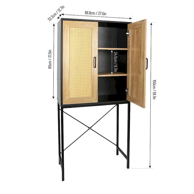 59 in. Tall Cabinet with 2 Rattan Doors 3 Tier Shelves and Iron Legs