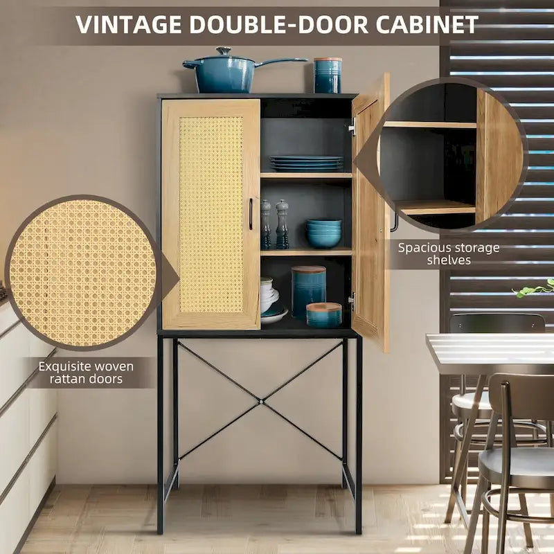 59 in. Tall Cabinet with 2 Rattan Doors 3 Tier Shelves and Iron Legs