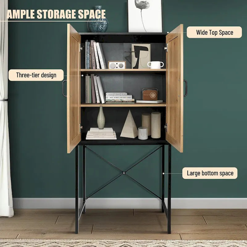 59 in. Tall Cabinet with 2 Rattan Doors 3 Tier Shelves and Iron Legs
