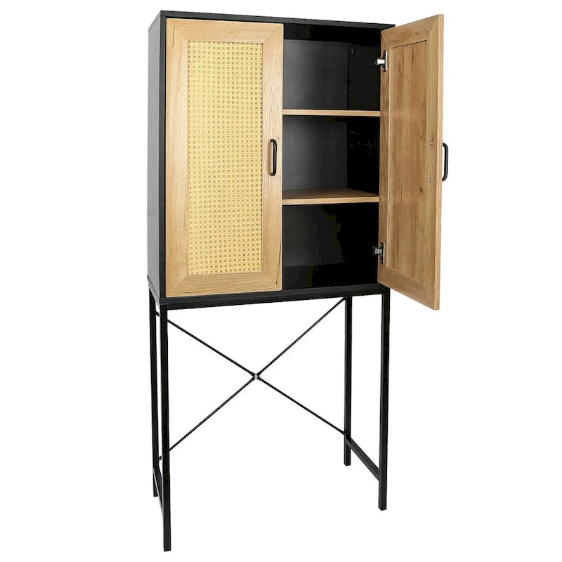 59 in. Tall Cabinet with 2 Rattan Doors 3 Tier Shelves and Iron Legs