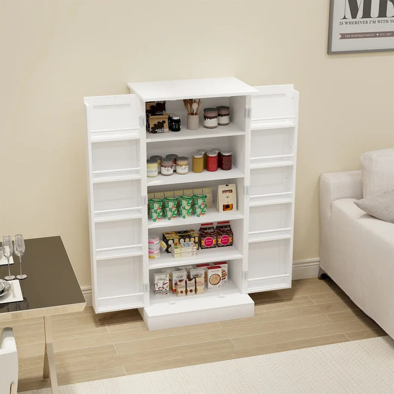LED Kitchen Pantry Cabinet with 5-Tier Shelves and Sensor Light, White, 50 in.