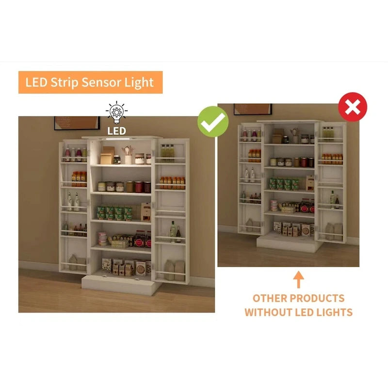 LED Kitchen Pantry Cabinet with 5-Tier Shelves and Sensor Light, White, 50 in.