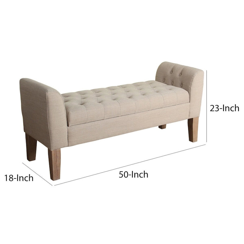 Fabric Upholstered Storage Bench with Button Tufted Lift Top, Beige, 50 in.