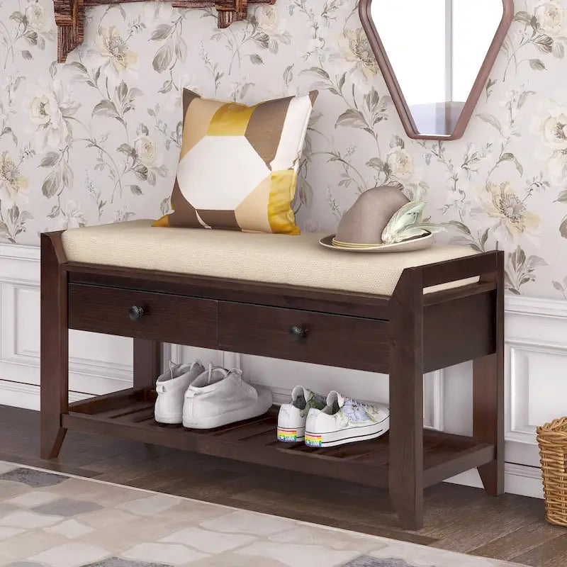 Entryway Storage Bench with Cushioned Seat 2 Drawers and Bottom Shoe Rack